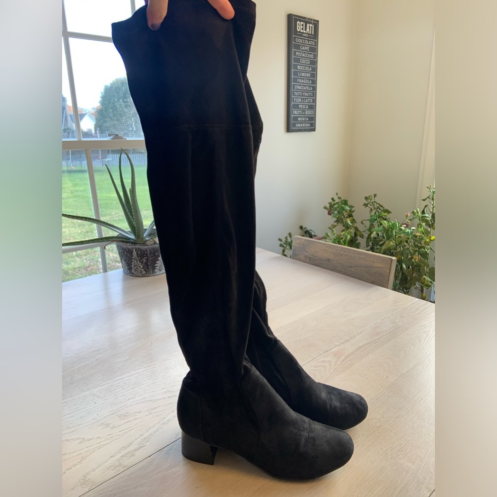 Naturalized fabric over knee boots